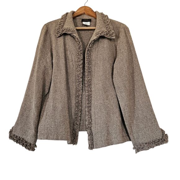 Linda Lundstrom Cardigan Sweater Womens 12 Beige Ruffle Wool Open Front Classic - Picture 1 of 9